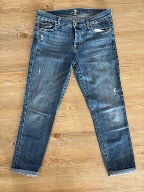 7 For All Mankind Slim Straight Distressed Medium Blue Jeans